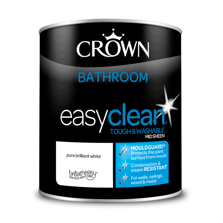 Crown Easyclean Pure Brilliant White Bathroom Paint Mid Sheen Matt 1L/2.5L