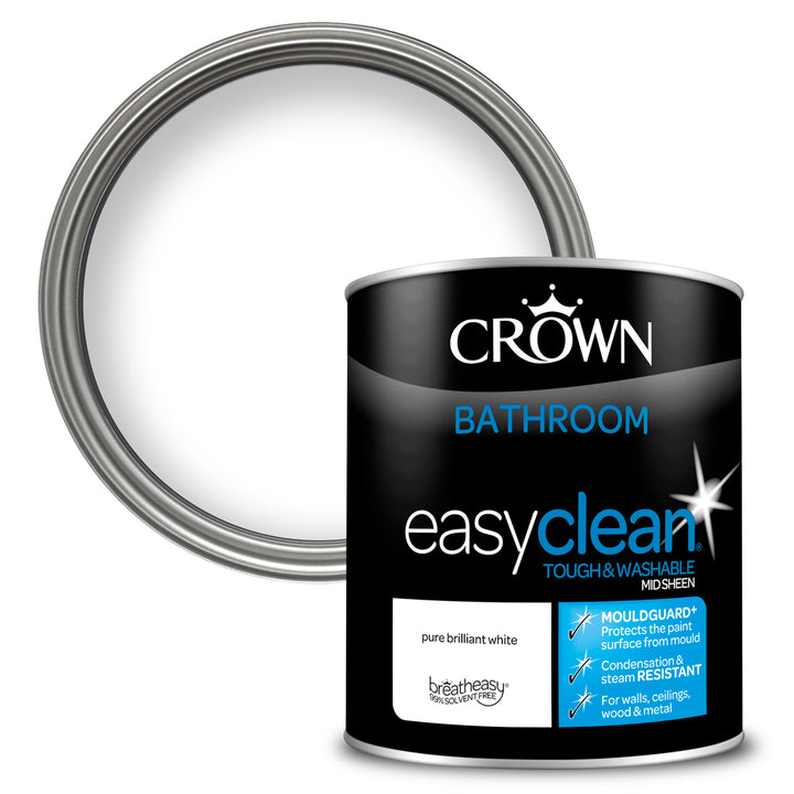 Crown Easyclean Pure Brilliant White Bathroom Paint Mid Sheen Matt 1L/2.5L