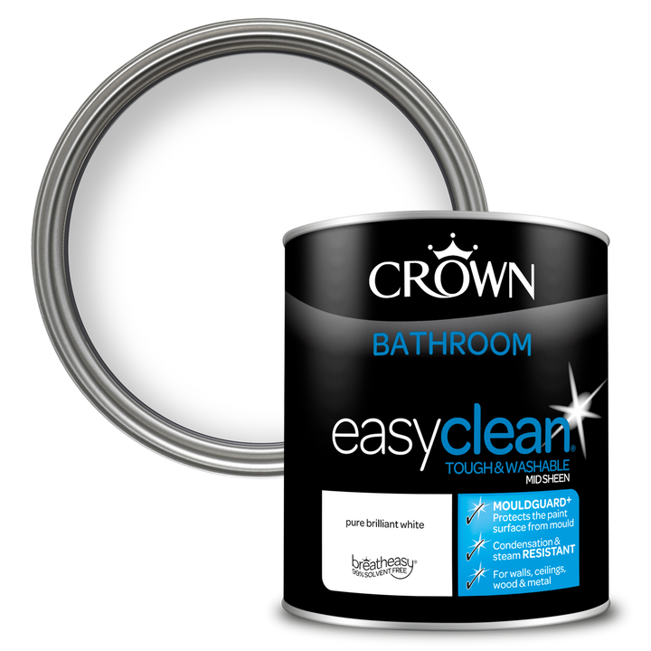 Crown Easyclean Pure Brilliant White Bathroom Paint Mid Sheen Matt 1L/2.5L