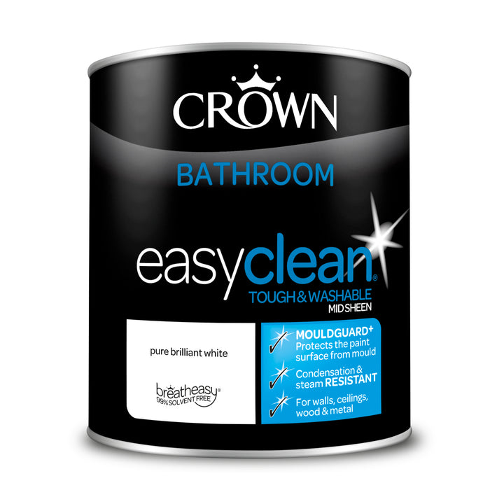 Crown Easyclean Pure Brilliant White Bathroom Paint Mid Sheen Matt 1L/2.5L
