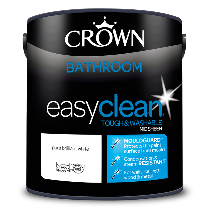 Crown Easyclean Pure Brilliant White Bathroom Paint Mid Sheen Matt 1L/2.5L