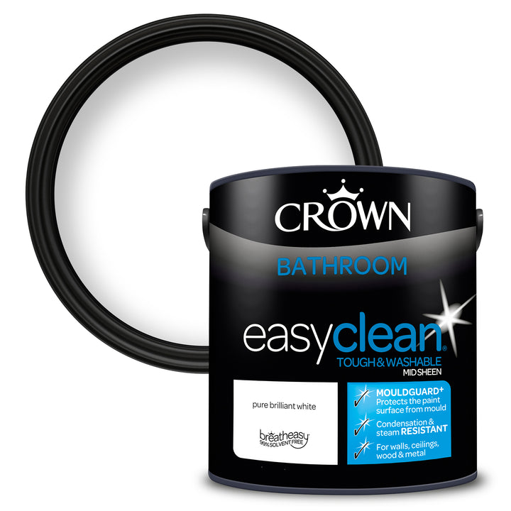 Crown Easyclean Pure Brilliant White Bathroom Paint Mid Sheen Matt 1L/2.5L