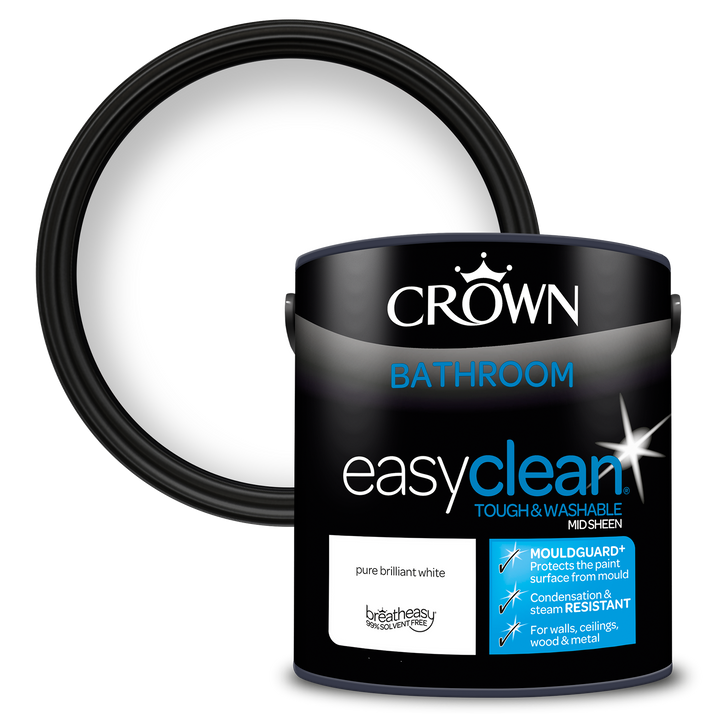 Crown Easyclean Pure Brilliant White Bathroom Paint Mid Sheen Matt 1L/2.5L