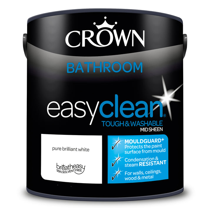Crown Easyclean Pure Brilliant White Bathroom Paint Mid Sheen Matt 1L/2.5L