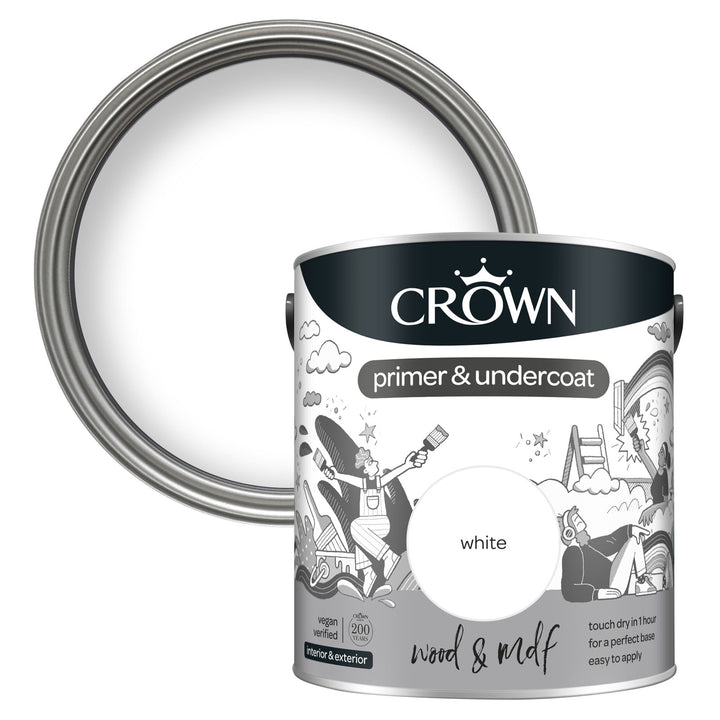 Crown Primer Undercoat Paint Wood & MDF White 750ml/2.5l