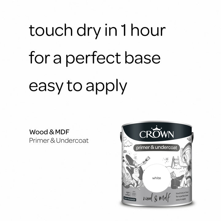Crown Primer Undercoat Paint Wood & MDF White 750ml/2.5l