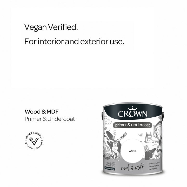 Crown Primer Undercoat Paint Wood & MDF White 750ml/2.5l