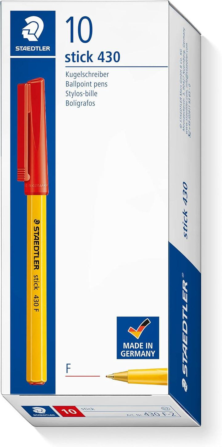 STAEDTLER Medium Stick 430 F-2 Ballpoint Pen Fine, Red, Box of 10