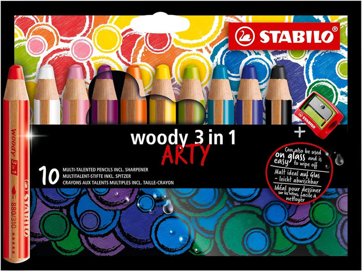 STABILO woody 3 in 1 Multi-Talented Pencil - ARTY - Pack of 10 - Assorted Colours with Sharpener