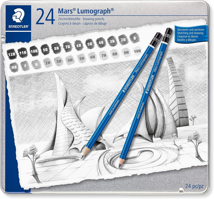 STAEDTLER Mars Lumograph Graphite Pencils for Drawing & Sketching, 24-piece tin, blue.