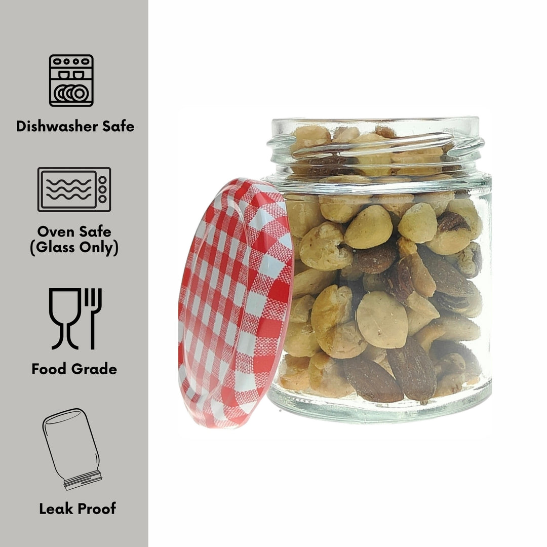 COS Glass Panelled Round Jam Jars + Red Gingham Lids: 190ml