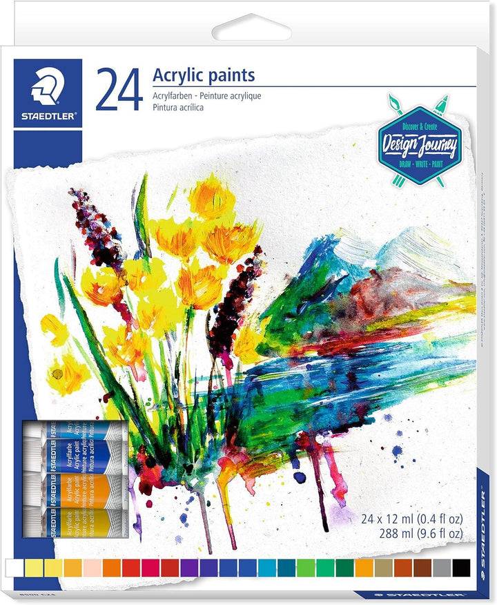 STAEDTLER Design Journey Acrylic Paint - Assorted Colours, 12ml (Pack of 24)