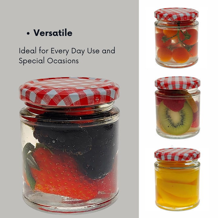 COS Glass Panelled Round Jam Jars + Red Gingham Lids: 190ml