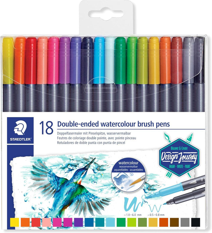 Staedtler 3001 TB18 Double-Ended Watercolour Brush Pens, Assorted Colour, Pack Of 18