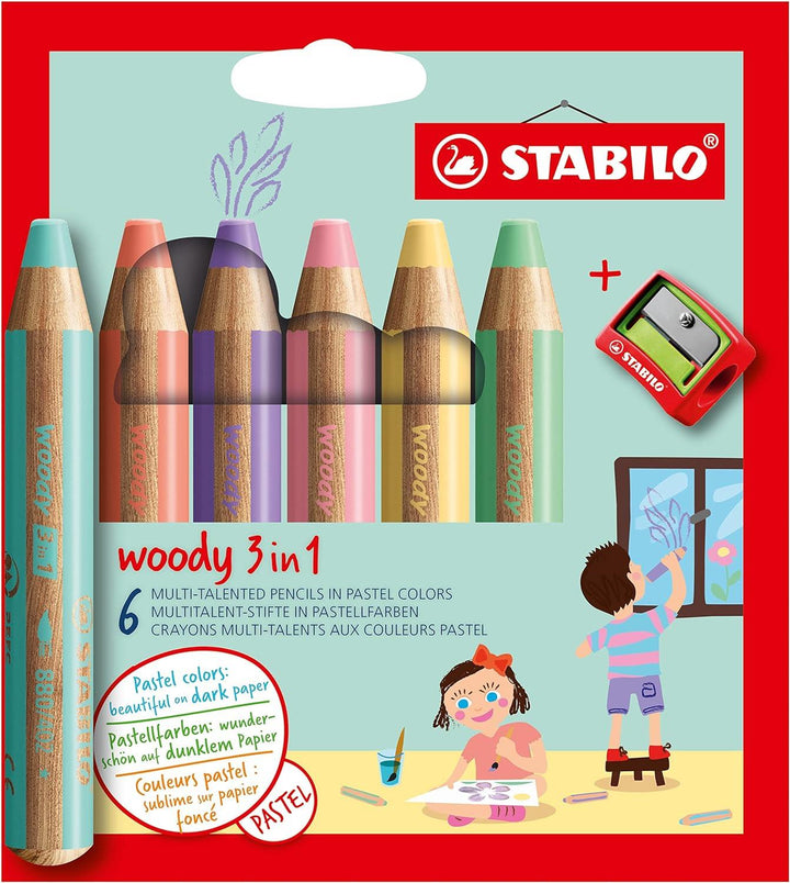 STABILO woody 3 in 1 Multi-Talented Pencil 6PK Assorted Pastel Colours with Sharpener