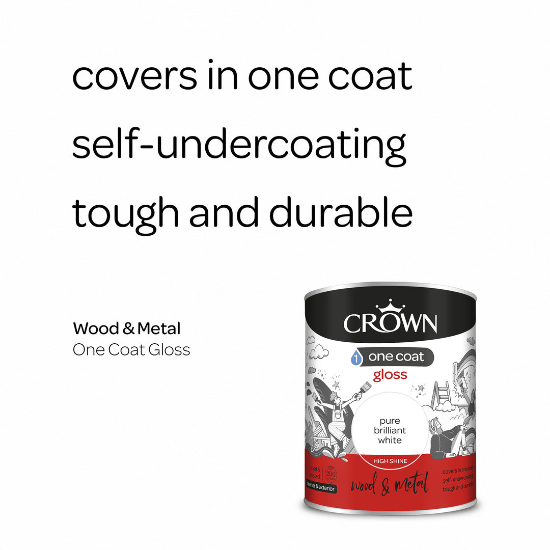 Crown One Coat Paint Gloss/Satin 750ml/2.5l Pure Brilliant White