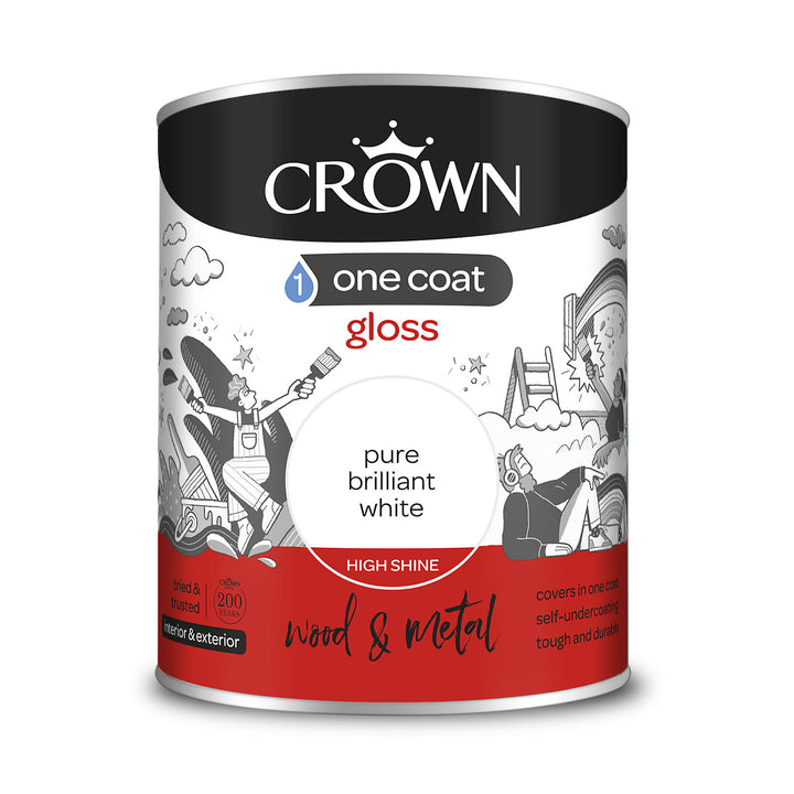 Crown One Coat Paint Gloss/Satin 750ml/2.5l Pure Brilliant White