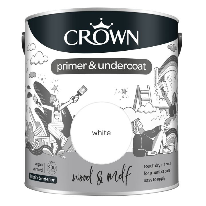 Crown Primer Undercoat Paint Wood & MDF White 750ml/2.5l