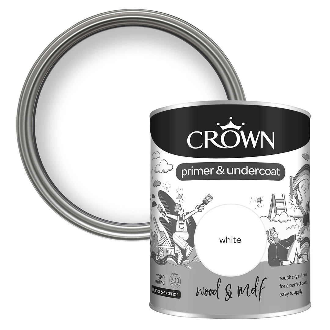 Crown Primer Undercoat Paint Wood & MDF White 750ml/2.5l