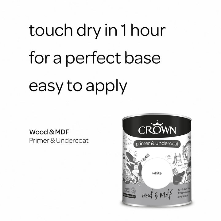 Crown Primer Undercoat Paint Wood & MDF White 750ml/2.5l