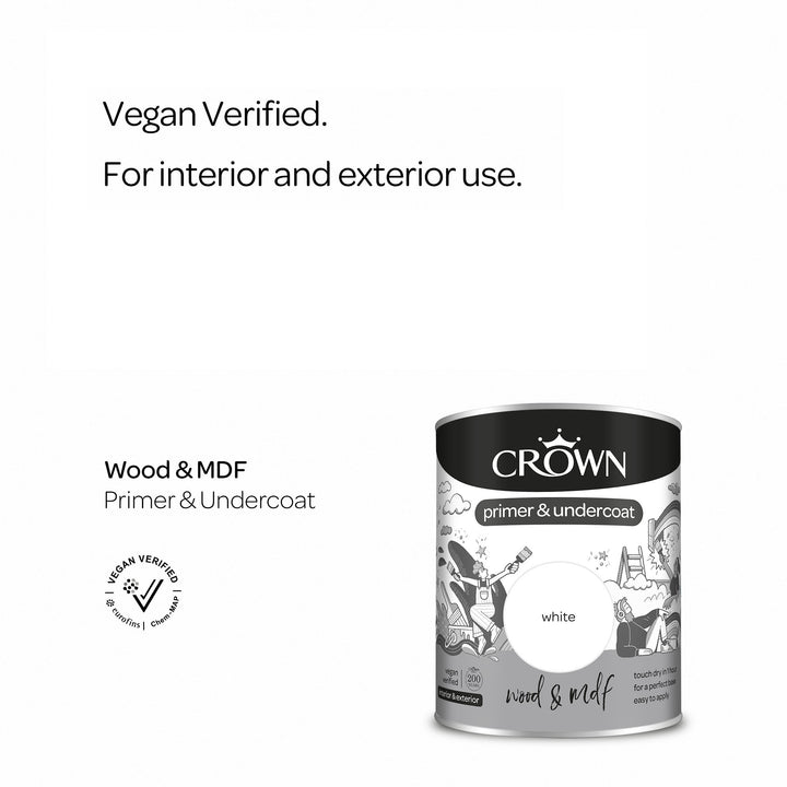 Crown Primer Undercoat Paint Wood & MDF White 750ml/2.5l