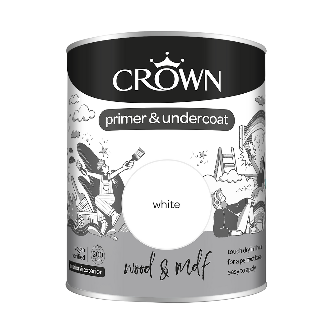 Crown Primer Undercoat Paint Wood & MDF White 750ml/2.5l