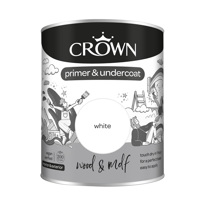 Crown Primer Undercoat Paint Wood & MDF White 750ml/2.5l