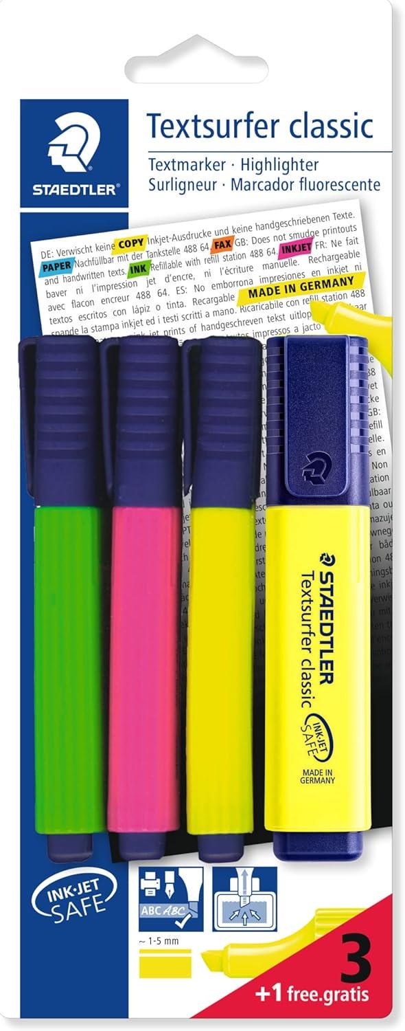 STAEDTLER 364 A BK4D Textsurfer Classic Highlighter Bonus Pack - Assorted Colours (Pack of 3+1)