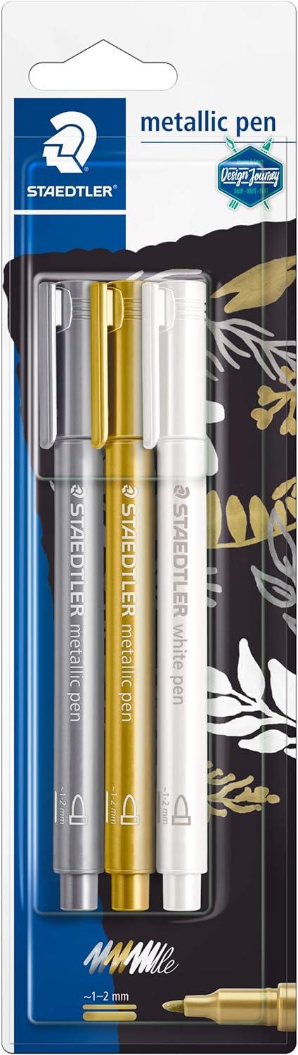 STAEDTLER 8323-S BK3 Design Journey Metallic Pens - Gold, Silver and White (Pack of 3)