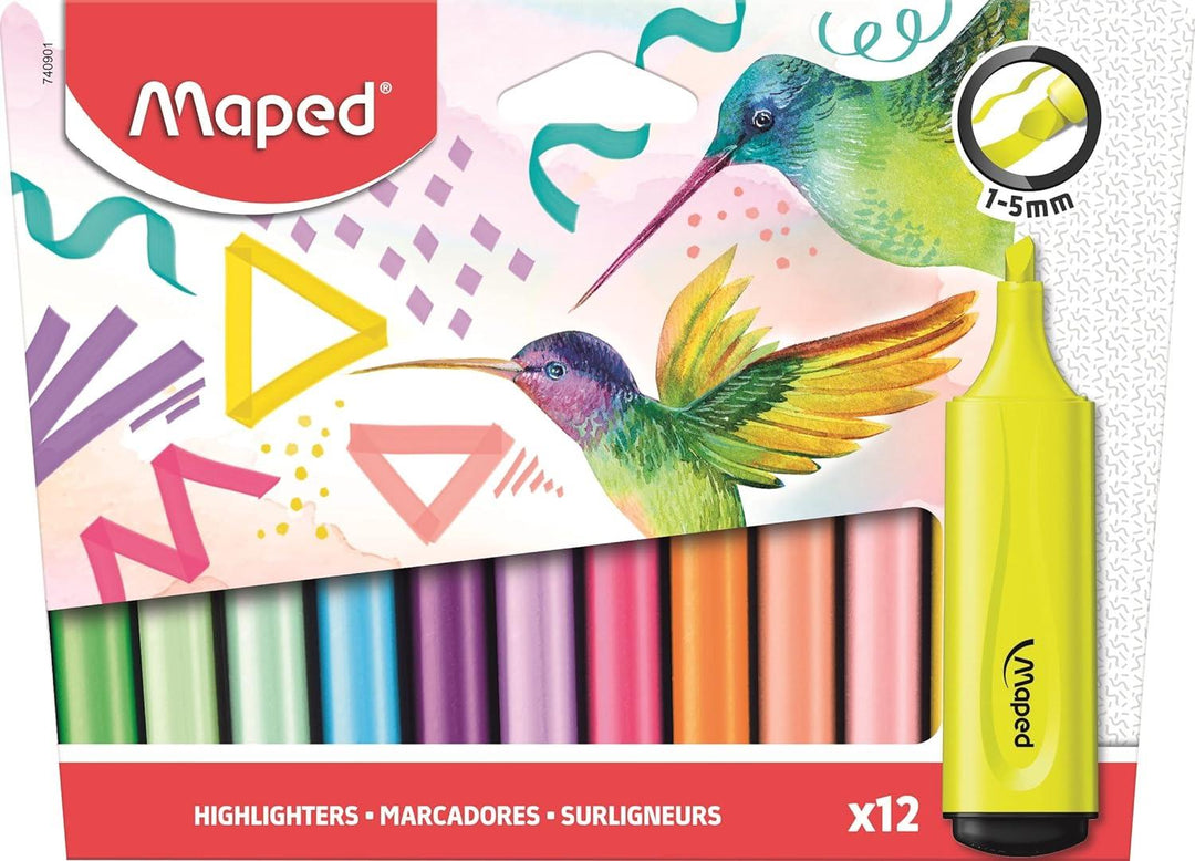 Maped Highlighters x12 Assorted Pastel Shades  Fluorescents Bevelled Tip: 1-5mm Line Width