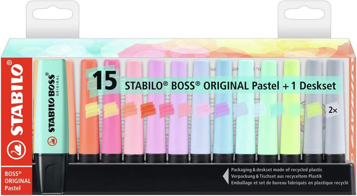 STABILO BOSS ORIGINAL Pastel - Deskset of 15 - Assorted Colours Highlighters