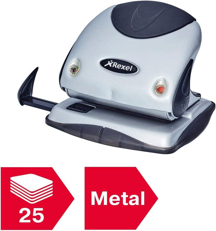 Rexel Precision 225 2 Hole Punch, 25 Sheet Capacity, Paper Alignment Indicator, Metal, Silver/Black, 2100743