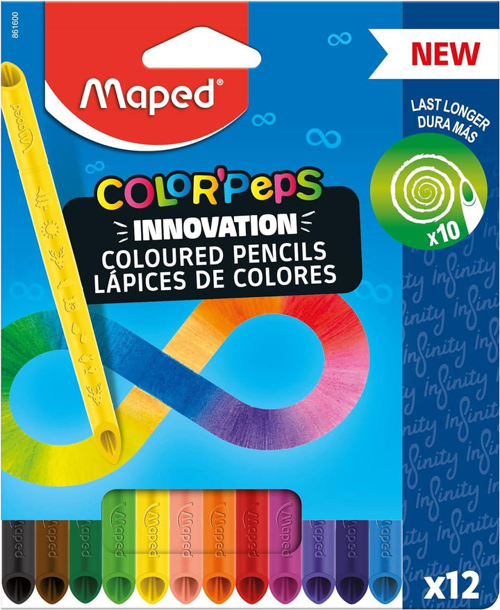 Maped Color'peps Infinity Coloured Pencils - 12 Colors - 100% Coloured Lead - No Sharpening Necessary - 100% Usable, Zero Waste