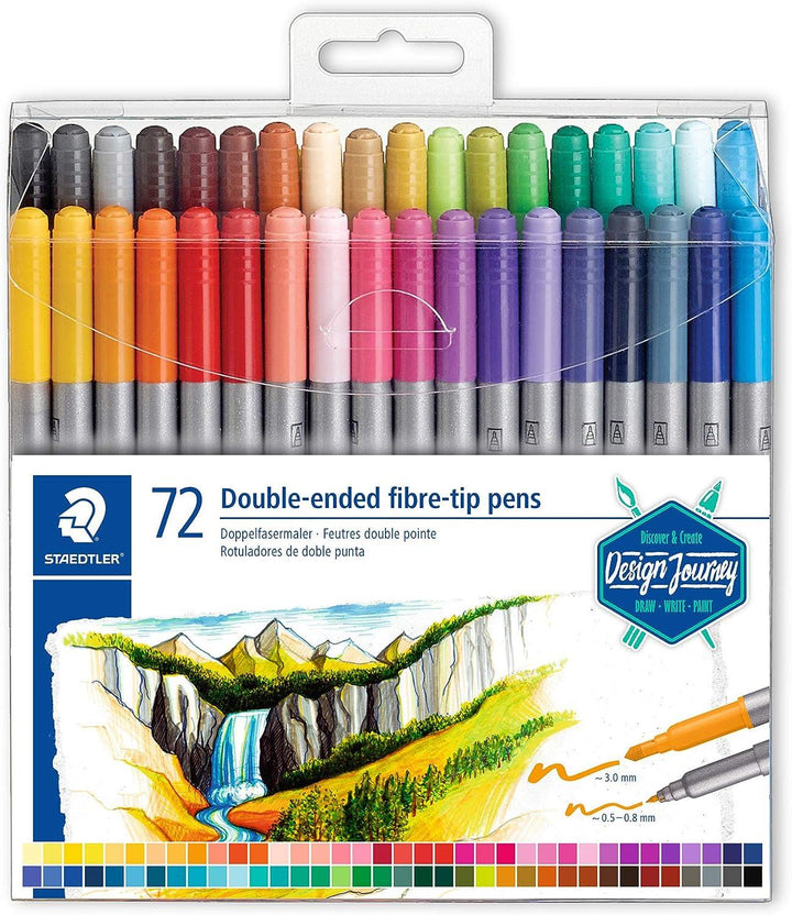 STAEDTLER 3200 TB72 Design Journey Double-Ended Fibre-Tip Pens with Thin & Wide Nibs - Assorted Colours (Pack of 72)