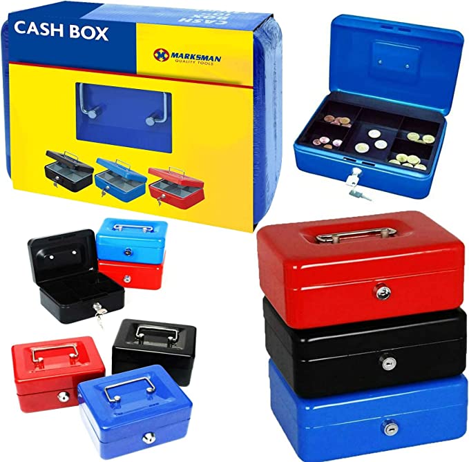 Cash Box Money Bank Steel Tin Security Safe Cash Key Lockable