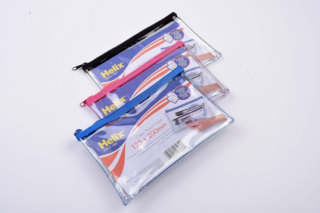 Helix Clear Pencil Case - 125x200MM - Black, Blue or Pink Rim.