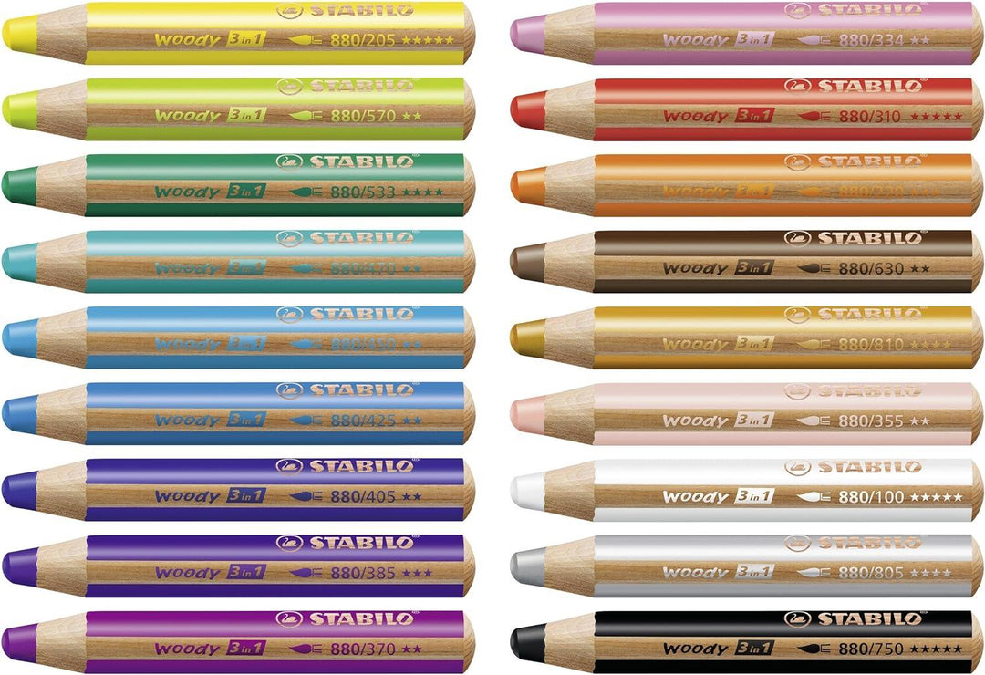 STABILO woody 3 in 1 Multi-Talented Pencil 18PK Assorted Colours with Sharpener and Paint Brush