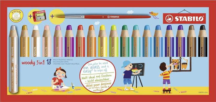 STABILO woody 3 in 1 Multi-Talented Pencil 18PK Assorted Colours with Sharpener and Paint Brush