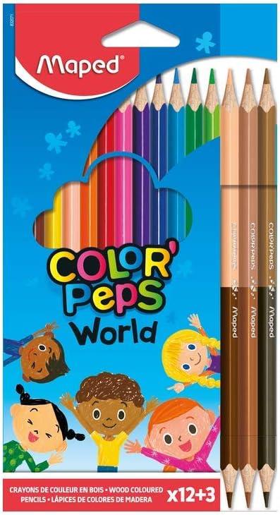 15x Maped Color'Peps 'World' coloured crayons ; with three double-ended skin toned pencils