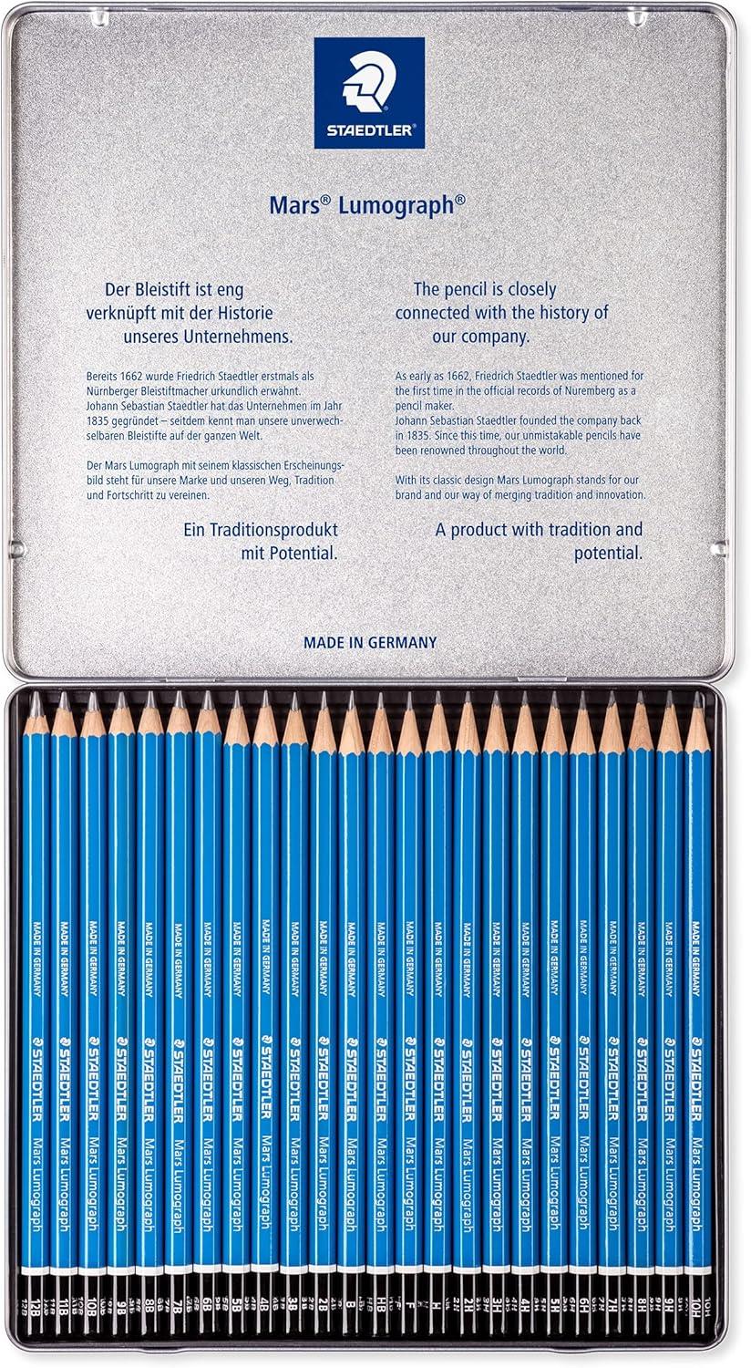 STAEDTLER Mars Lumograph Graphite Pencils for Drawing & Sketching, 24-piece tin, blue.