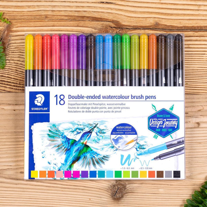 Staedtler 3001 TB18 Double-Ended Watercolour Brush Pens, Assorted Colour, Pack Of 18