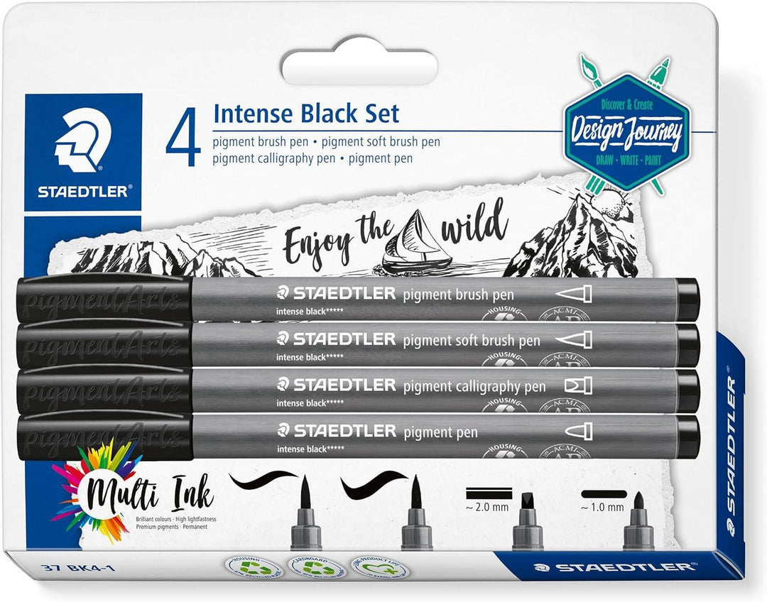 STAEDTLER 37 BK4-1 Design Journey Pigment Arts Intense Black Set - Assorted Nibs (Blister of 4)