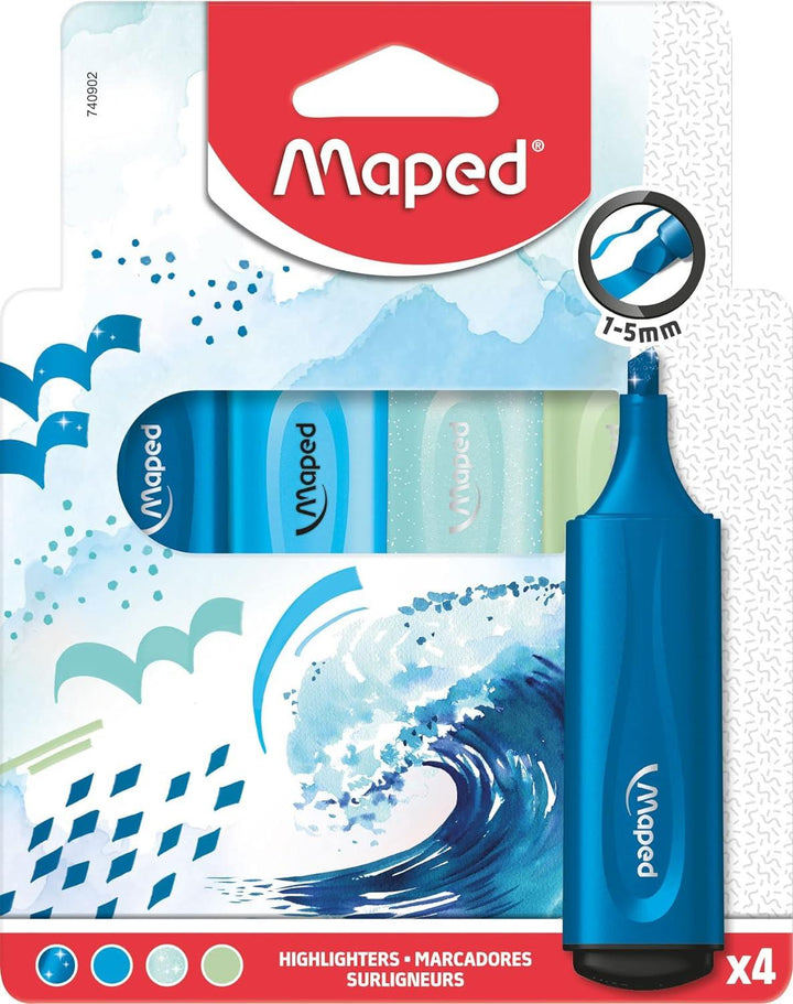 Maped Extra Soft Flexible Highlighters x4 Perfect Marking Result, Even On Uneven Surfaces, Clip On The Cap