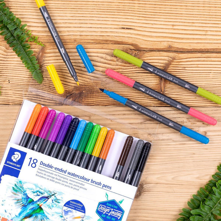 Staedtler 3001 TB18 Double-Ended Watercolour Brush Pens, Assorted Colour, Pack Of 18