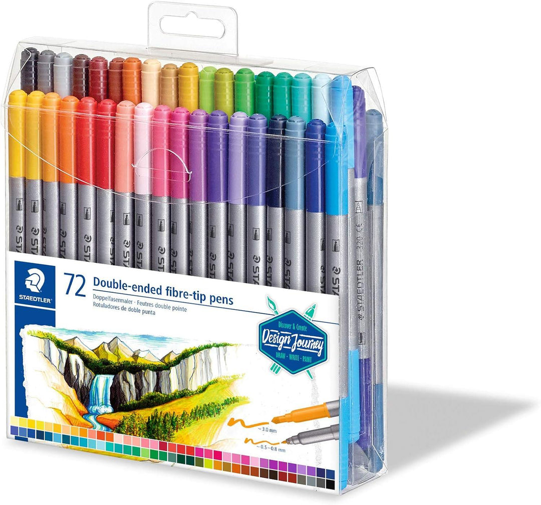 STAEDTLER 3200 TB72 Design Journey Double-Ended Fibre-Tip Pens with Thin & Wide Nibs - Assorted Colours (Pack of 72)