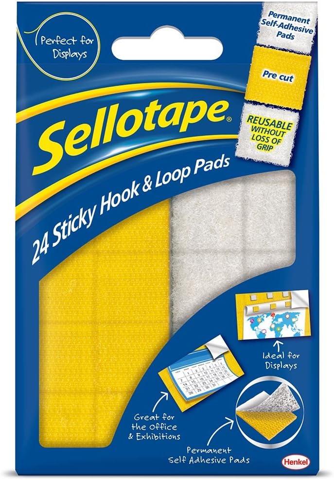 24 x Sellotape Hook and Loop Sticky Pads Home Office Stationery 20 x 20mm New