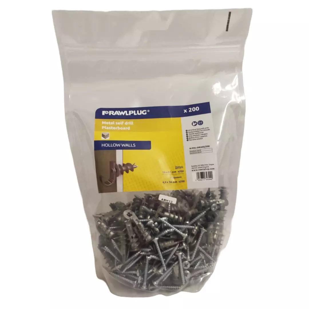 Rawplug Metal Self-Drill Plasterboard Fixings x200 – Strong & Reliable Anchors