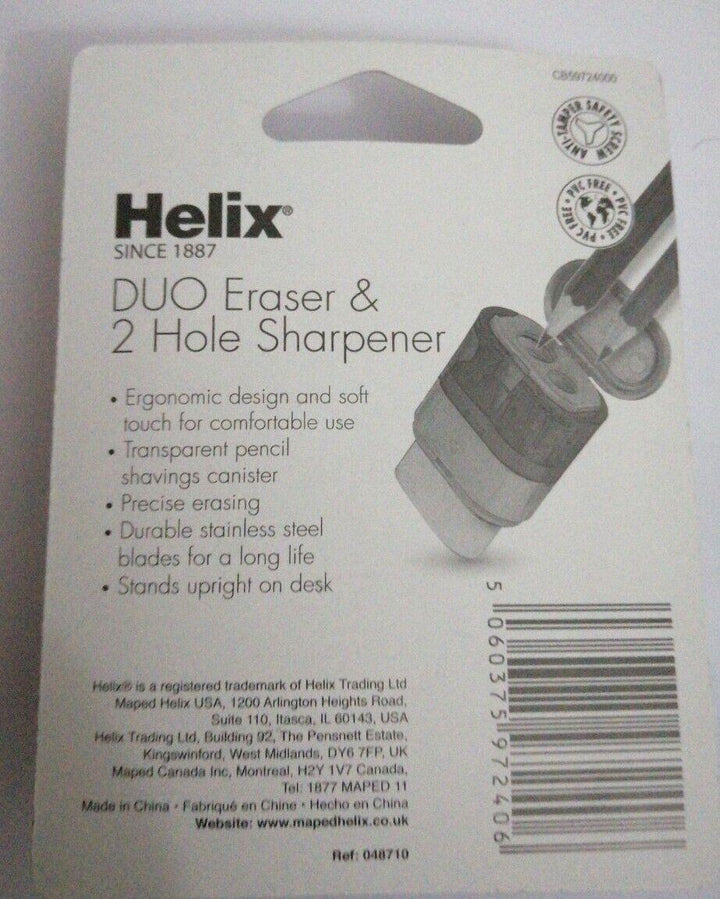 Helix Balance Duo Two Hole Pencil Sharpener and Eraser (Assorted Colours)