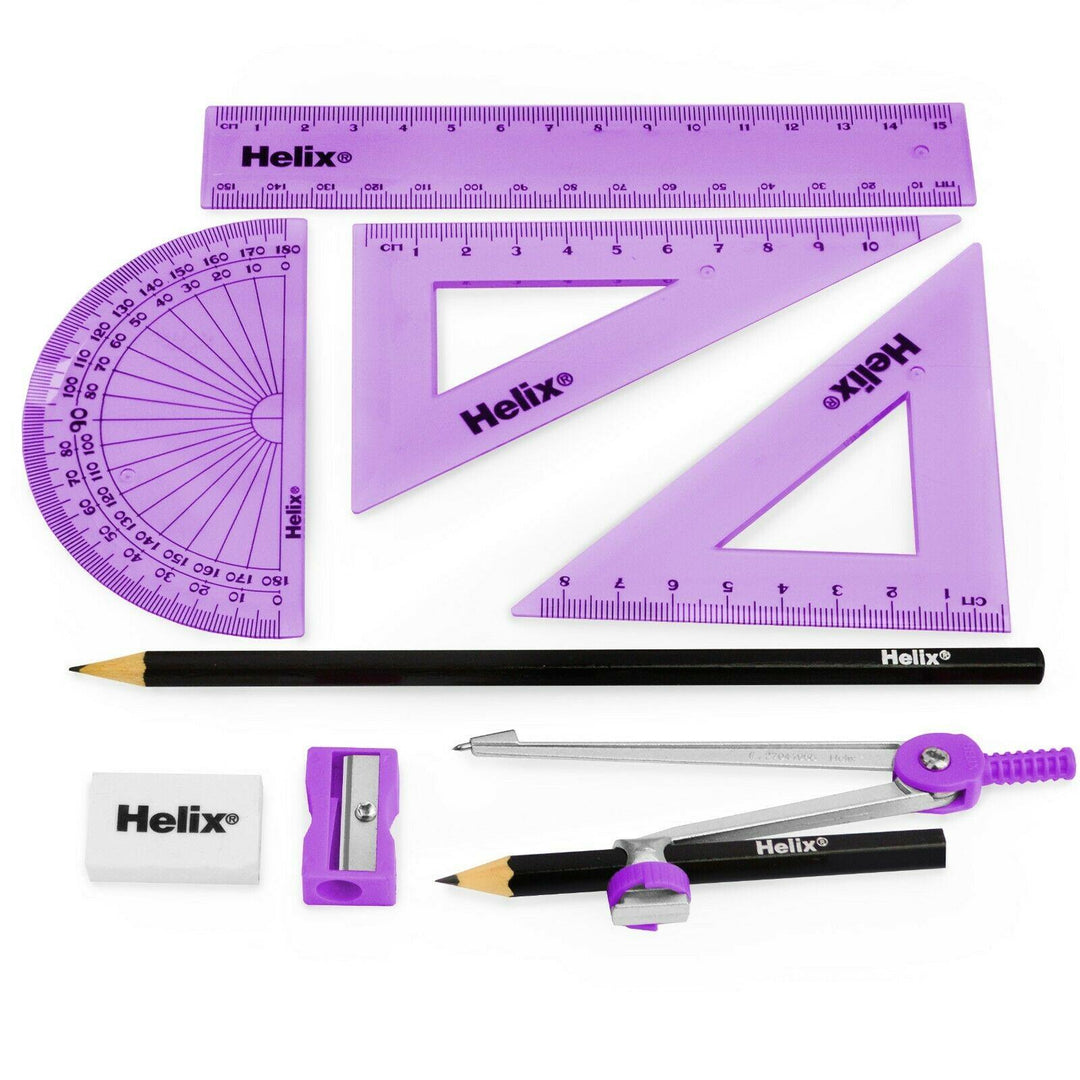 Helix Maths Set - Cool Curves Geometry Ruler Set Square Protractor School Set