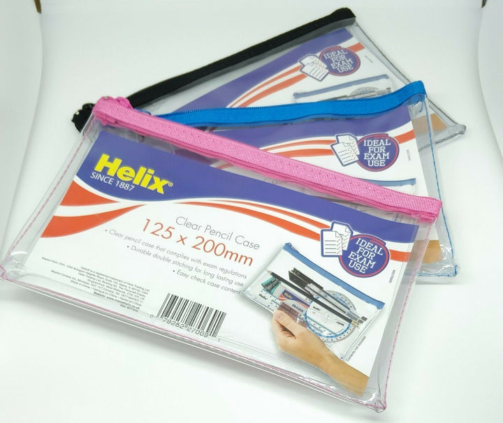 Helix Clear Pencil Case - 125x200MM - Black, Blue or Pink Rim.